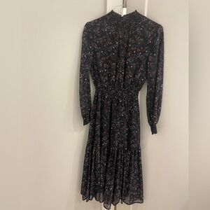 Midi navy paisley  dress with waistband and smocked neck